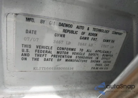 2008 Chevrolet Aveo Ls from USA, damaged, VIN KL1TD566X8B066816